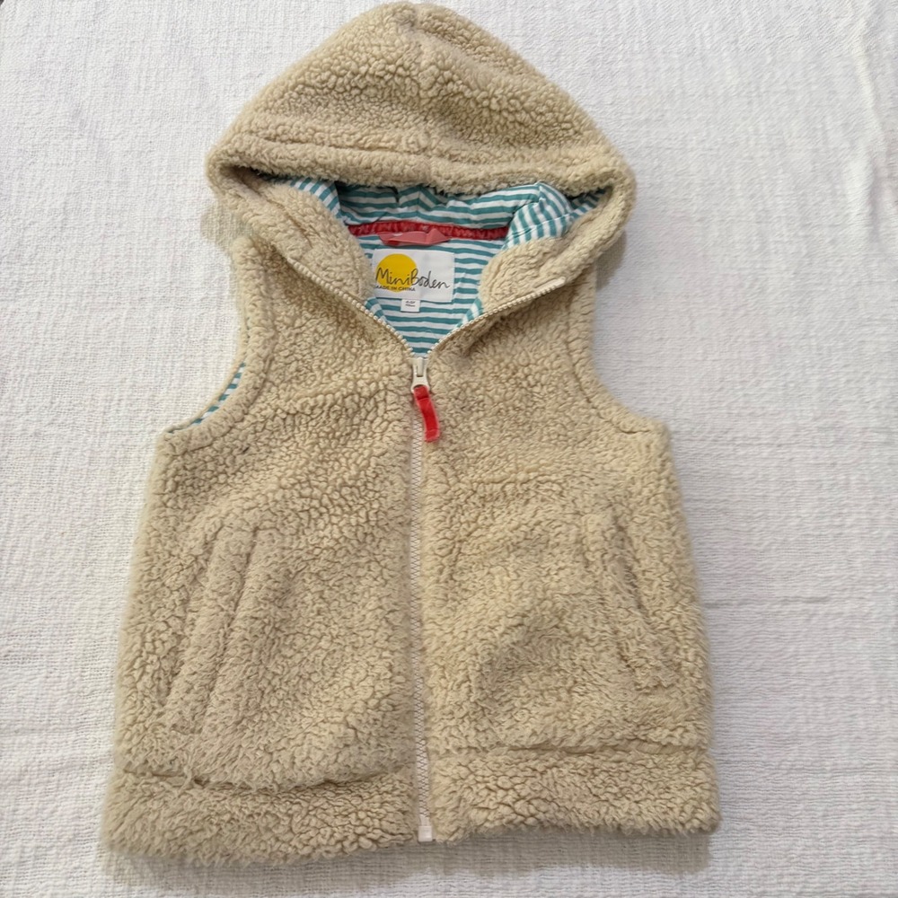 Mini Boden Kids Beige Sherpa Fleece Hooded Vest Zip Up Striped Lining 4-5Y 110cm